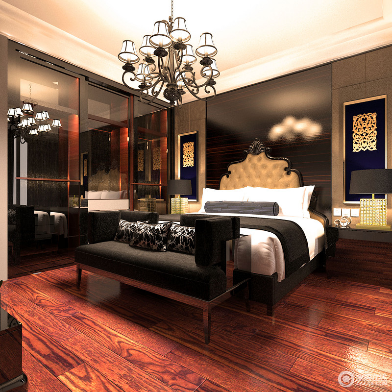 黑色所呈现出的硬朗，让整个卧室格外的沉厚；而床头、台灯等处对称的使用了金色，空间被营造的稳重且富有轻奢质感；衣柜入墙不占空间，玻璃材质的衬托，时尚感立显。