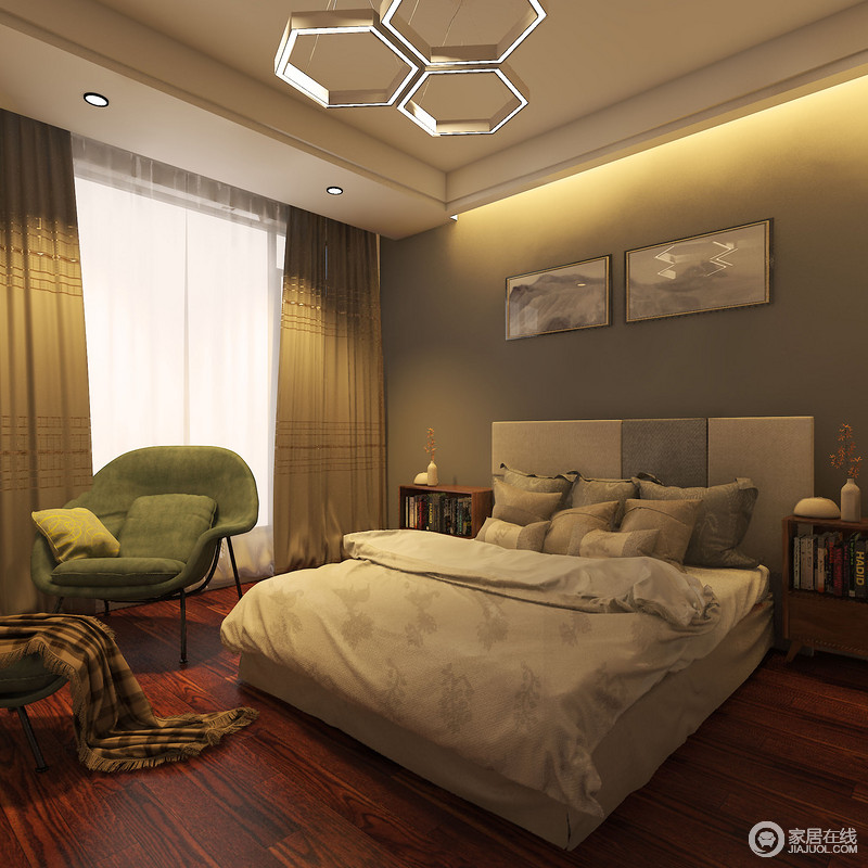 灰褐色的墙面与床品色调相近，整体视觉感受上有着平和内敛的气质；白色的双人床与浅绿色的沙发椅色彩对比，空间被营造的极具层次感。