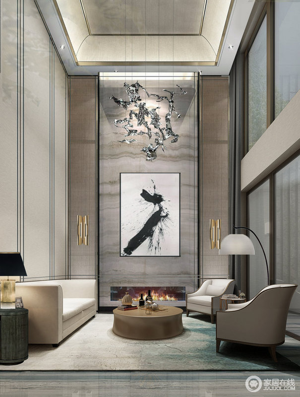 客厅搭配水晶的山景造型，将山水月色融于一室之内，一抹恬淡寡欲的东方艺术气息。