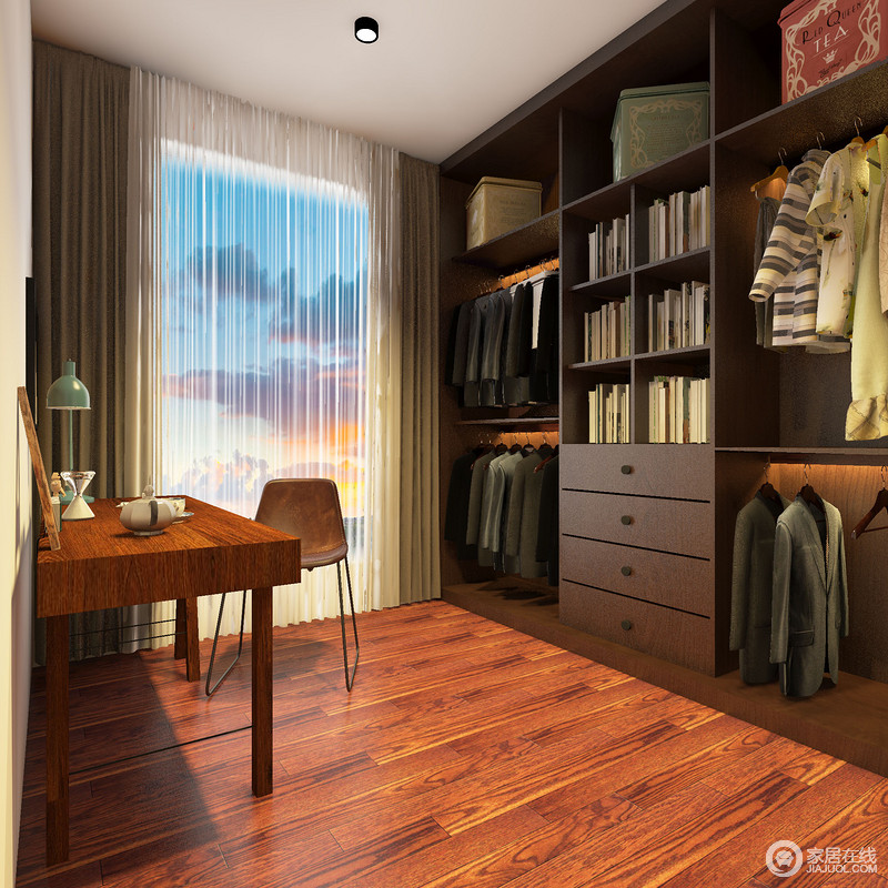 设计师将书房与衣帽间结合，一边简约的书桌靠墙，休闲实用；另一侧开放式衣柜靠墙，不同功能的组合增强了空间的收纳能力。