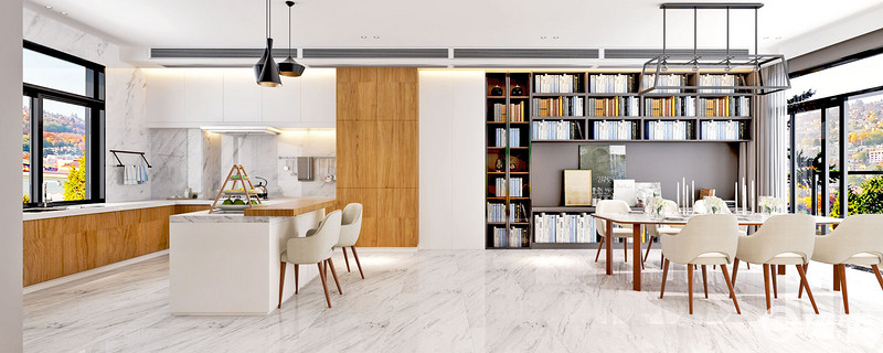 不止两厅一体式，厨房也采用开放式设计，让整个空间处于一个通透流畅的大空间之中，非常便于家人间的日常沟通；整体的灰白中，添加一点木色，简洁又朴质温和。
