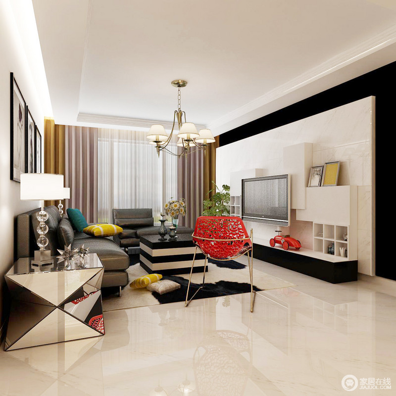 米白色系的客厅里，家具以不同的色系形成拼接，与电视墙背景形成呼应。不规则的置物架，给予墙面多元化的演绎，明黄、中国红色系在空间里的小面积点缀，迎来惊艳的美感。