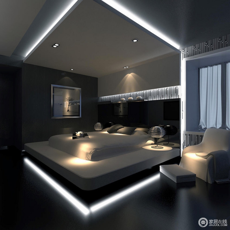 设计师个性的将灯带设置在床的四周，形成一种光影的包裹式，梦幻般的视感简直爆棚。黑白的经典反差，形成空间的层次，使色调分明的空间里现代未来风酷感十足。