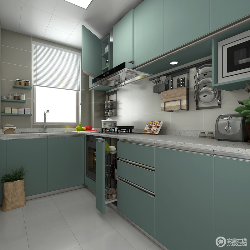 厨房L型的设计合理地化解了一个人同时在厨房的拥挤，绿色橱柜搭配白色大理石台面，清和实用，而墙面处设计的收纳，让生活更为便捷。