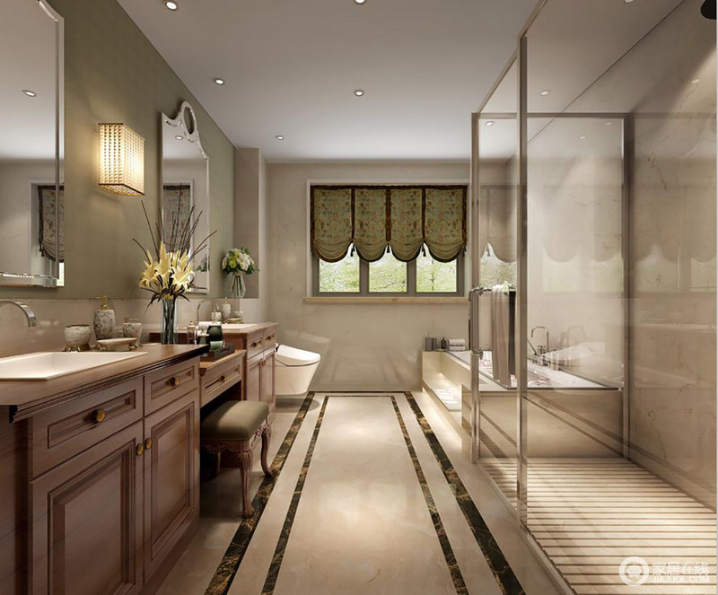 卫生间设计双盥洗盆，独立淋浴区便于生活的同时更显整洁；浴缸台阶设计及引导的灯光设计也增加了安全性，绿色罗马帘让空间不减艺术情调。