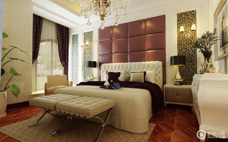 繁复精致的宛如莲花的纹样装饰在深紫色软包床头两侧，营造出缤纷幽邃如迷的空间性格。柔软舒适的床品配合着惬意的双人床，在绿植的清新点缀下，空间带着温婉舒雅的憩韵。