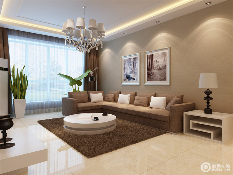 沉淀式的暖色系中，白色作为点缀色，让客厅显得放松、自然并带着一丝清爽的质感。曲线风格的家具，在简约的空间线条中，显得柔美细腻。
