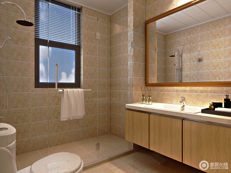 卫浴间的立面被粗粝的磨砂砖所覆盖，而百叶窗与玻璃门让淋浴间整洁通透；木纹关系柜设计的十分简洁，实用便是设计与生活的根本。