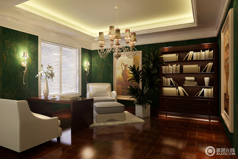 褐色调的书房沉重干练中裹挟着些许活力；古典范儿的家具让落座体验更加舒适，也方便休憩看书。