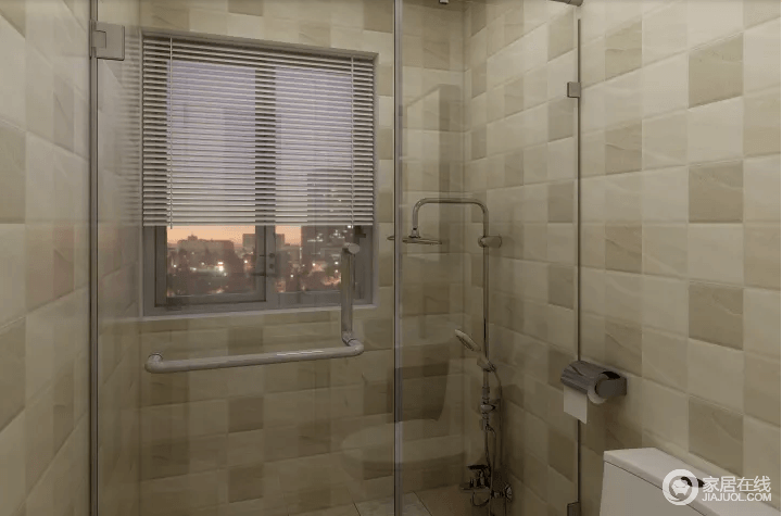 卫生间借玻璃淋浴房来解决干湿分区问题，拼接地砖因驼色的中性演绎大地般的朴质；窗户不仅带来采光也加强了空间的通风，使整个空间更为人性化。