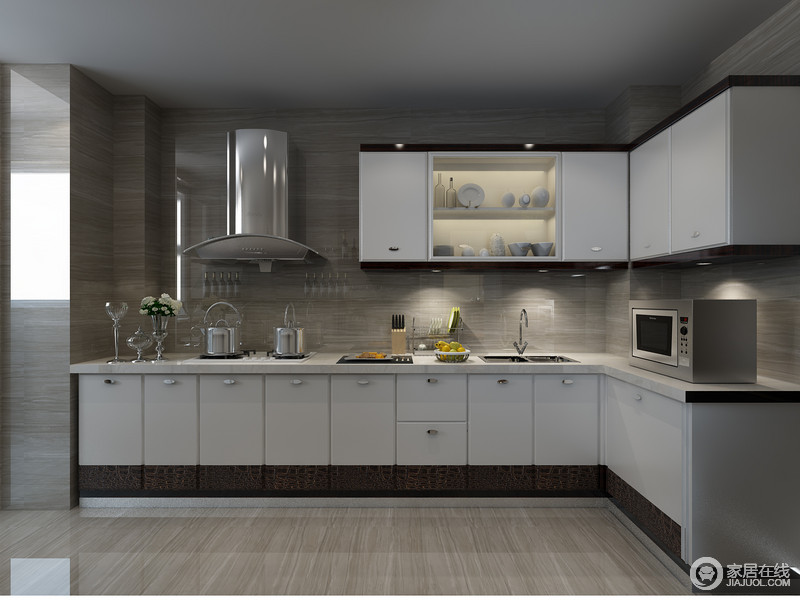 原木纹地砖通透中将光泽度悉数演绎，白色整体橱柜现代感十足，干练而充满工业感，创造出一个现代化的餐厨空间。
