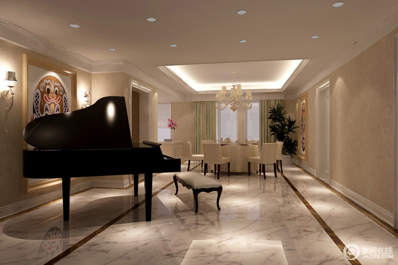 客厅与餐厅过渡地带摆放了一件钢琴，可将琴音传至两个空间；餐厅中中规中矩的餐椅摆放依设计而设，更具自由。