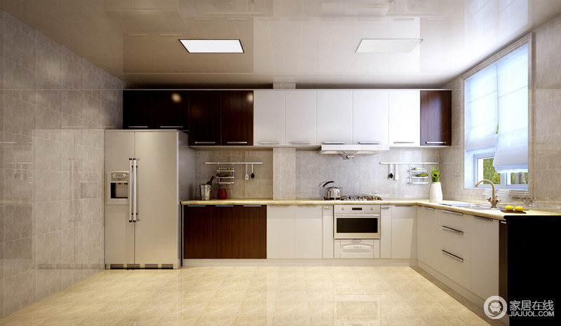 厨房规整简单，褐色和白色打造的橱柜整体美观性极强，灰色和淡黄色瓷砖反射出光线，令空间通透亮气。