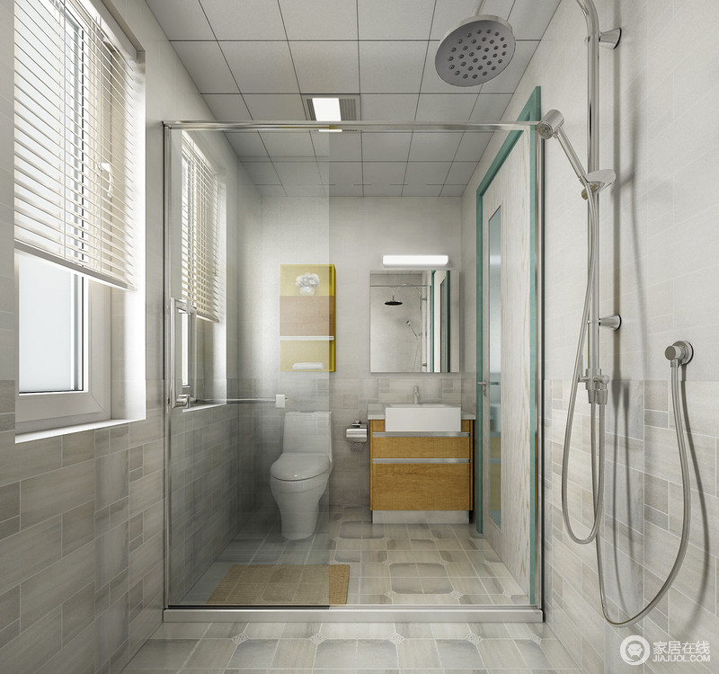 卫生间的设计将空间一分为二，单独做了淋浴间，让干湿分离；而马桶与盥洗区并排设计，既合理利用空间，也让生活的动线更为人性化，精巧得体。