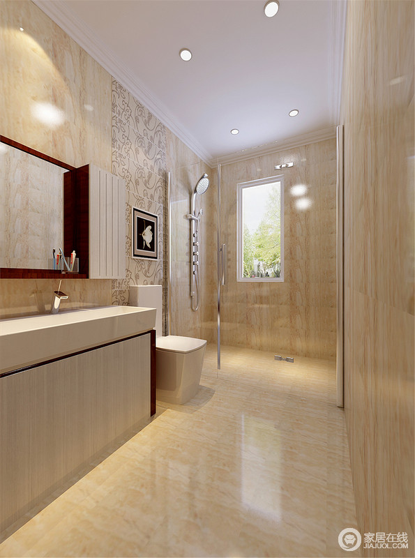 淡黄色的卫浴间看起来十分简单、明亮、大方，让人丝毫不显局促；流畅的设计不仅实用，也愈显人性化。