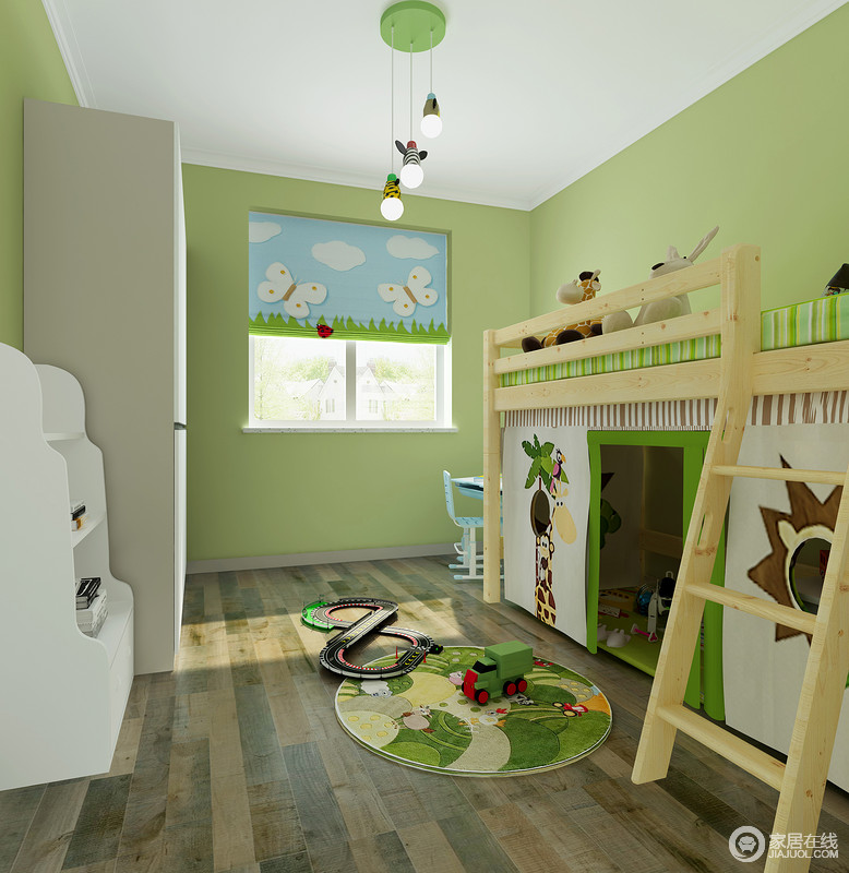 床下空间进行收纳的同时，打造一个儿童游戏区，满足儿童对空间探索的需求，增加亲子互动的亲密回忆。绿色调的墙面与原木地板营造自然朴质，场景式的家具带给孩子更多趣意和童心。
