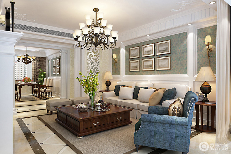 客厅白色墙板上优雅恬淡的花卉壁纸使居室变得更为感性，装饰的挂画增添几分艺术。灰白色与蓝色、深驼色组合沙发，呈现典雅而简约的风尚，褐色茶几上的绿植，则带来清新自然。
