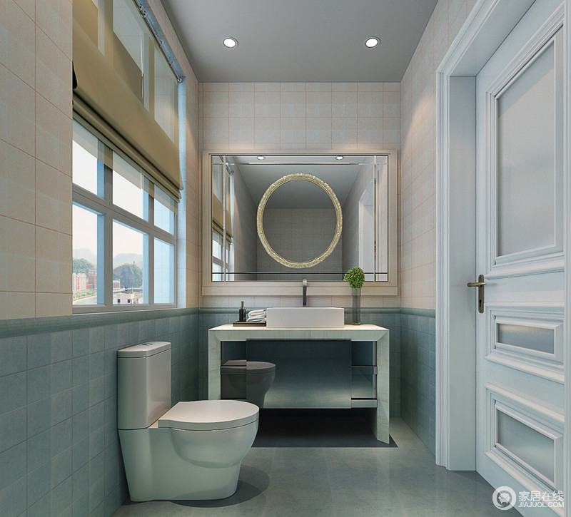 卫生间简洁而显得清爽，盥洗柜与镜饰实用至上，让整个空间十分利落；而米色和蓝色砖石以拼接的方式增强空间的色彩感，除了实用之外，让你看到设计的另一面艺术。