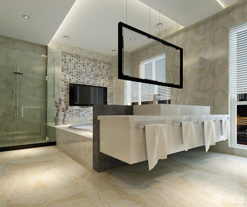 卫浴间利用淡黄色彩纹地砖来装饰，营造出天然的淳朴感；通过大理石墙将沐浴区与盥洗区一分为二，却互通互动，尽显现代设计的精妙，也更显品质。