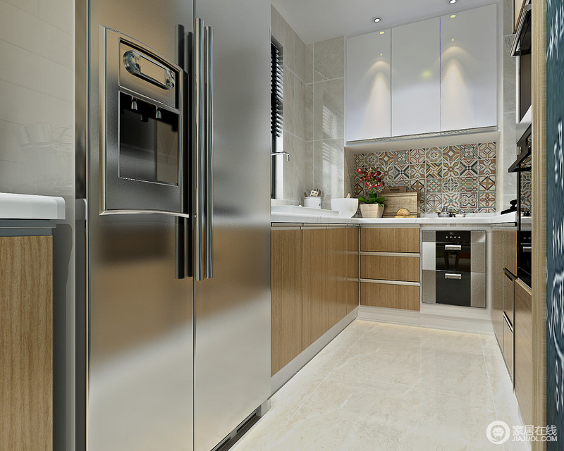 灰色砖石铺贴出素雅的氛围，虽然实木橱柜更显简单，但是马赛克墙面增添了异域风情，令厨房更显特色；厨房虽然不大，但是电器嵌入柜体却实用而得体，突显出规整的现代化设计。
