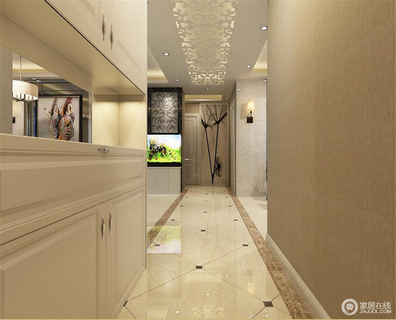 为了与主题设计相得宜，走廊也选用米黄色作为装饰的重点，并令置物柜设置在该区域，起到过渡的作用，也增强空间的收纳作用。