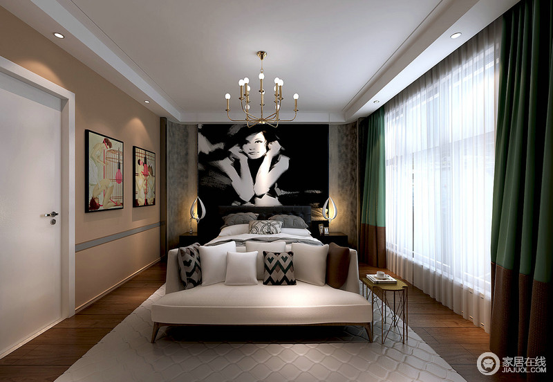 卧室以现代的形式打造出体验非凡的空间，黑白写真照与绿、咖拼接的窗帘呼应出典雅；悬挂式花瓣台灯增加了空灵感，泼趣艺术画与白色沙发、地毯的清简对比明显，而黄铜台灯点缀，奢贵了不少。
