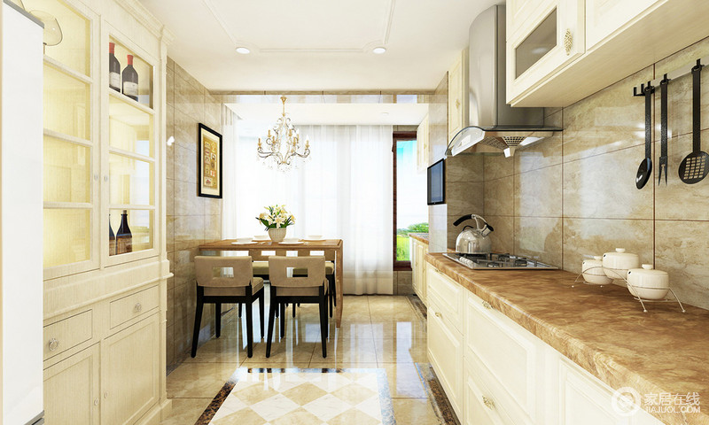 厨房中拼花地砖造型彰显典雅与大气，现代化的厨卫电器，增加厨房亮度，以减少萎靡。