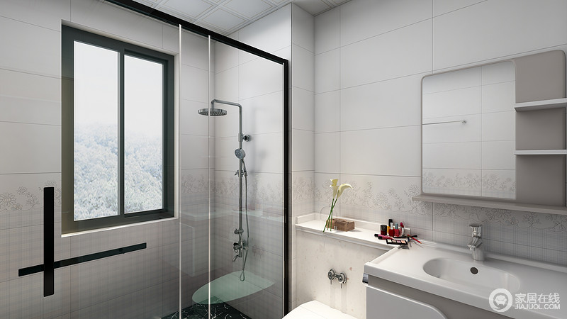 卫生间以干湿分离的设计，将淋浴间打造得通透而立体，玻璃材质易于清洗；盥洗台搭配悬挂柜将实用和收纳都兼并起来，颇为人性化。