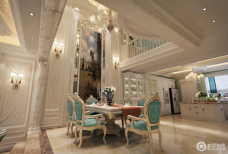 白色的空间更显纯净，开放式结构拉近了客厅与餐厅之间的距离；绿色古典金属餐椅年代性十足，闪烁着贵族气质。
