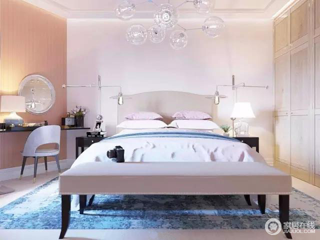 卧室颜色柔和结构简洁干净，灯具造型立体线条利落