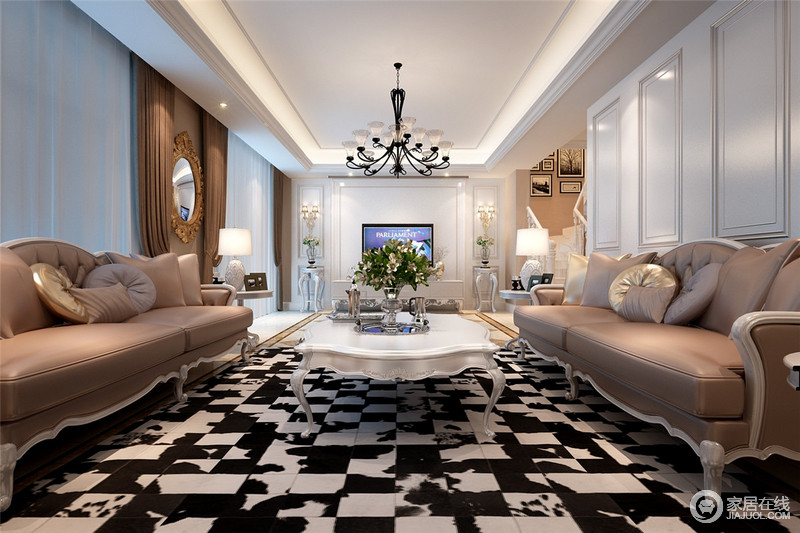 进入空间引入眼帘的便是黑白格的地毯，双色组合让驼色沙发显得愈加典雅，白色金属茶几增加了空间中的宁静和安逸，令空间愈加沉温。