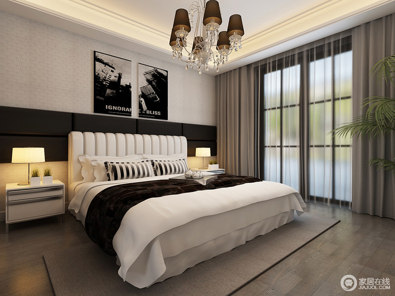 黑白调的卧室并没有多余的家具，对称式床头柜造型简单中充满实用性，驼色窗帘和纱幔搭出简易的调子。