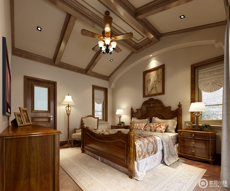 卧室较其他空间更显温暖，利用黄木家具减轻实木的厚重，多些暖意；精心购买的乳白色地毯和金属落地灯刻画了一个惬意柔静的空间。