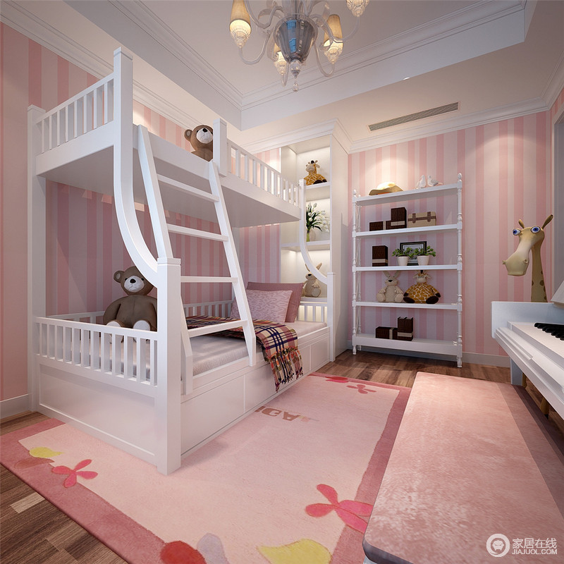 粉色调的空间营造了一个轻柔和甜美的梦，让孩童的世界充满爱；白色双层床既节省空间，也方便孩子上下居住玩耍，拥有一个好时光。