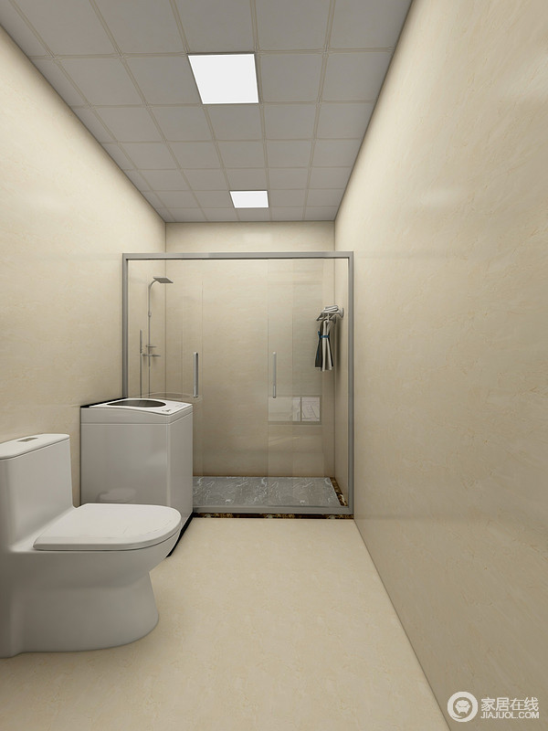 卫生间以米色砖石铺贴，让整个空间十分柔和，再加上线条的整洁，给你一种空间感，尽情地放松；玻璃淋浴间巧妙解决了干湿的问题，并以灰色防滑砖增加安全系数，十分人性。