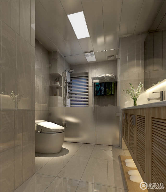 卫浴间通过玻璃淋浴房将功能性区域一分为二，以置物架满足收纳作用，让沐浴更为便捷；盥洗柜百叶设计显出些许空灵，少了厚实的设计，让整个空间多了份淡暖的同时，让设计的实用成为一种艺术。