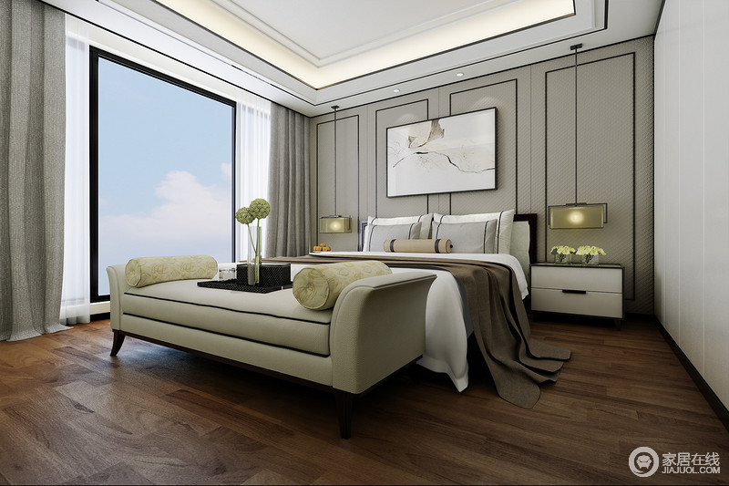 简约利落的卧室里，床头墙面在软包上以黑线勾勒出画框的装饰感，与内置墙面的大立衣柜，强调空间的规整、简洁。深色系的木质地板与浅色系的家具碰撞对比，空间显得均衡辉映。