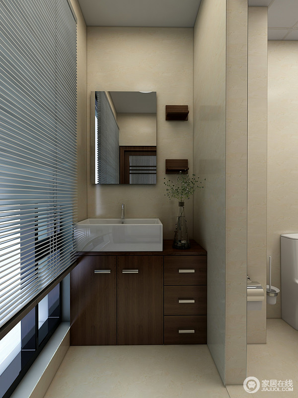 卫生间因为结构的原因巧妙分隔功能区，让卫生间的实用系数更贴心；褐色实木盥洗柜带来了收纳之用，与白色盥洗盆、镜子以几何串联起来，简洁而大气。