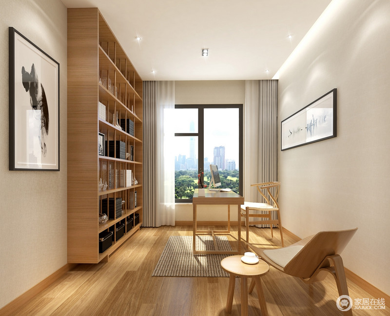 整个空间由原木打造，不论是地面，抑或是书柜和其他家具都彰显着平和、宁静与禅意的氛围。