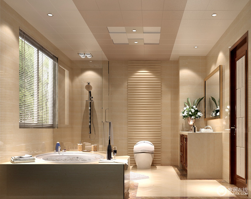 简约的卫浴空间，将淋浴与汤浴结合起来，减少空间的浪费。智能型马桶为主人如厕带来舒适感。纯净素雅的格调，也使空间显得整洁耐脏性。