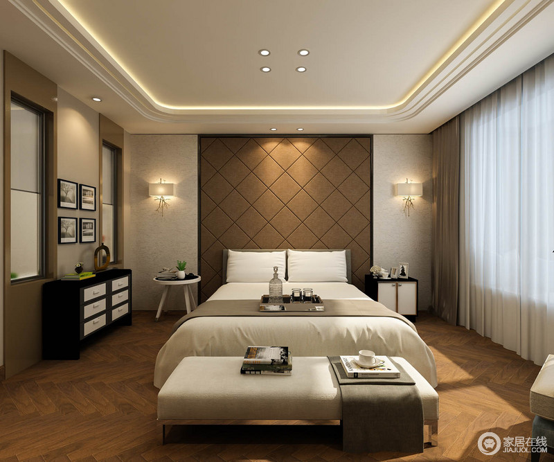 卧室在棕黄斜拼木地板和黄褐软包菱形床头墙面的营造下，流露出古朴的年代感。黑白木家具，复古的造型更添静谧氛围，双人床上的白色布艺，则增加一丝清新温情。