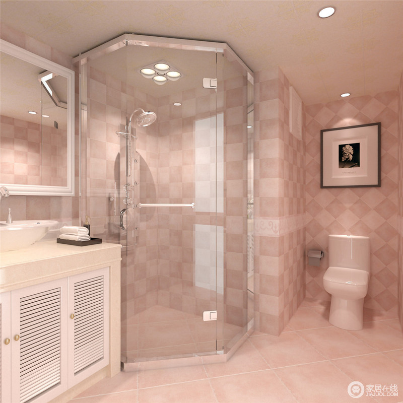 卫浴间通过两种色泽不同的砖石来拼贴出不同的纹样，令立面的肌理感愈显艺术；将淋浴房设置在角落处，合理的利用了空间的同时，增强了实用性。