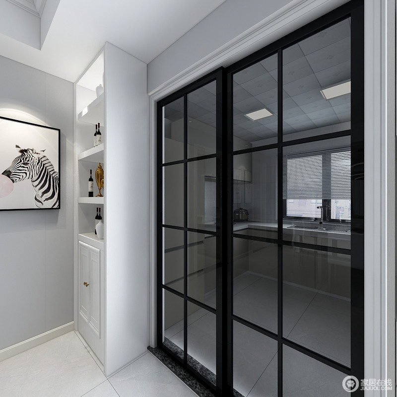 门厅的设计较为简单，浅灰色漆面因为一副斑马图生机无限，带我们回味大自然的奇妙；定制得微型储物柜，增加了空间的利用率，够简单，也够实用。