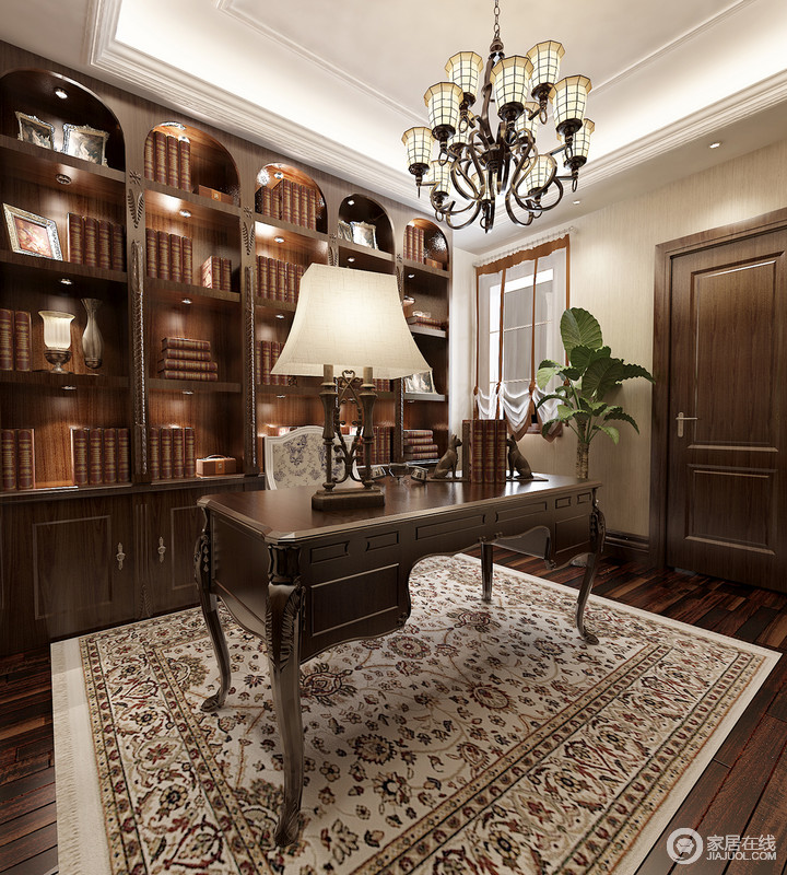 拱形造型的书柜单独出一个空间，可根据书目类型妥善安置你的藏书。白色杂带褐色编织出象征自然的地毯，让书房也充满艺术气质。