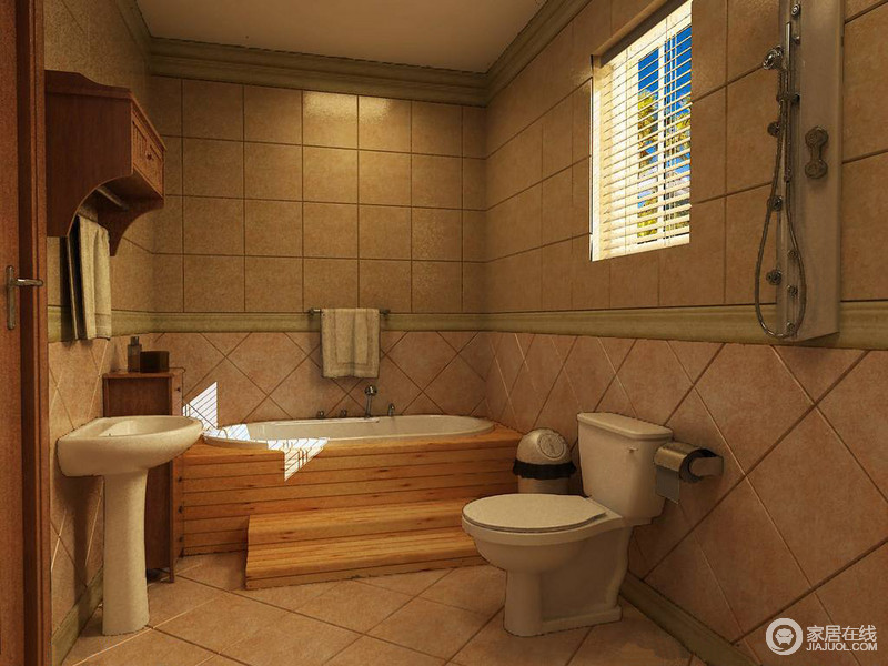 卫浴间利用大量的仿古砖来打造一个原始、粗狂的空间，木架围筑起来的浴缸野性十足，真实地反应出生活朴拙。