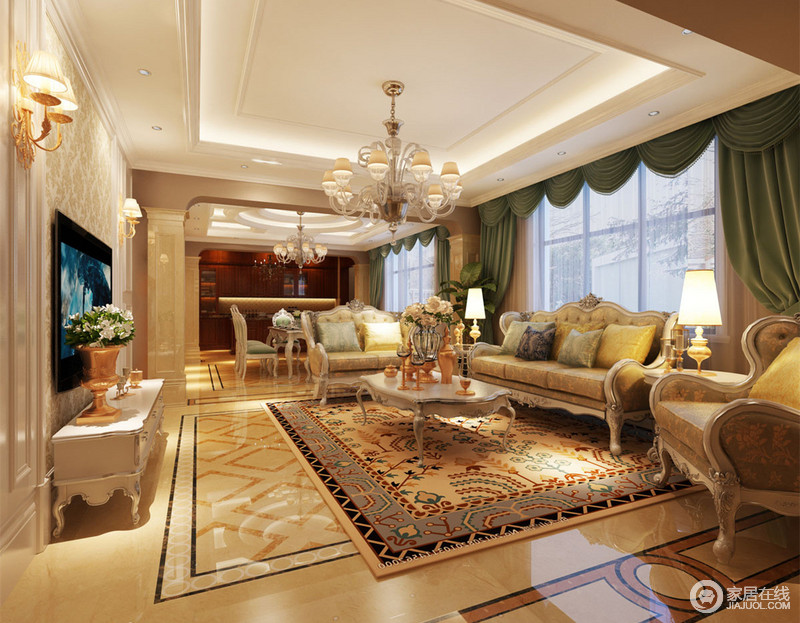 客厅运用了大量的印花元素，为空间带来了柔美的浪漫氛围。而印花点缀的墙面、地板、地毯及沙发，形成丰富的空间层次。一袭草绿色的窗帘，带来自然清新气质。