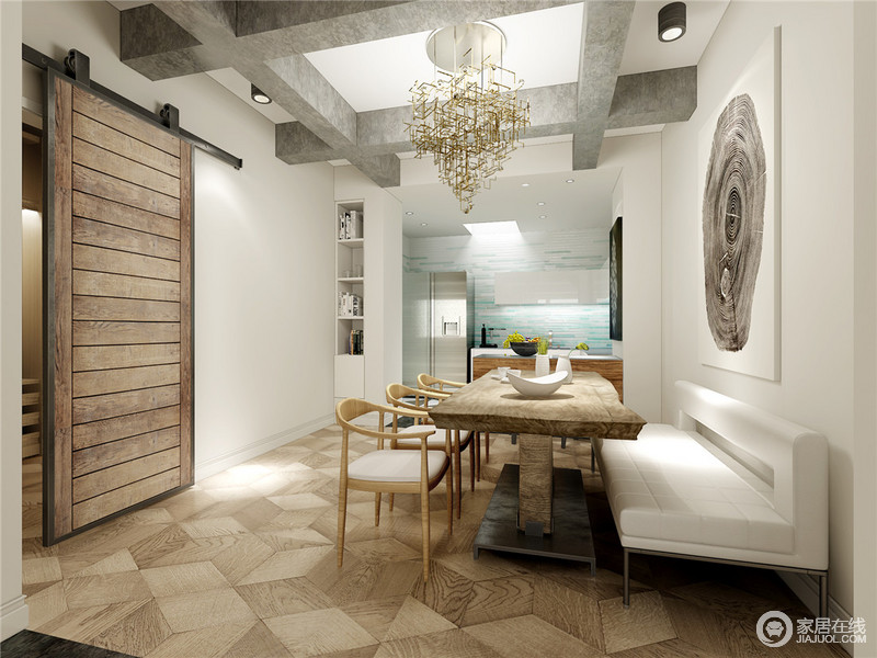 餐厅的梁架结构保留水泥质感，与白色墙面产生鲜明对比。让空间的结构感更强，解决了原结构不对称的缺点。谷仓门搭配菱形木质地板，呼应整个空间的森系风格。