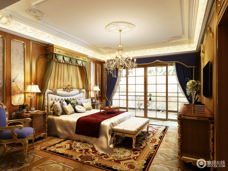 空间中大胆地色彩组合出时尚的卧室，紫色的华贵、绿色的清新、红色的热烈调染出华丽美艳；欧式花纹地毯展现出贵气，缠绵出高雅和魅惑。