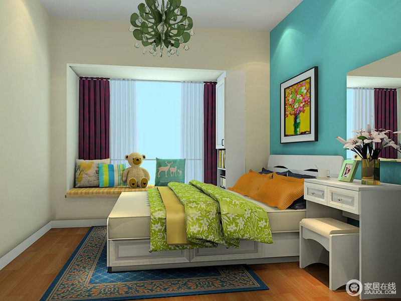 整体空间中大量绿色等清新的色调成为空间的艺术养分，让人在空间中处处可以感受到自在；而卧室以蓝绿色和米色的立面来突显温实，绿色花卉床品和白色家具形成一个洁净爽朗的氛围。