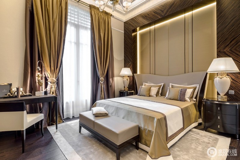 主卧室的设计，香槟色的实用，环形灯带的设计，是空间高贵典雅